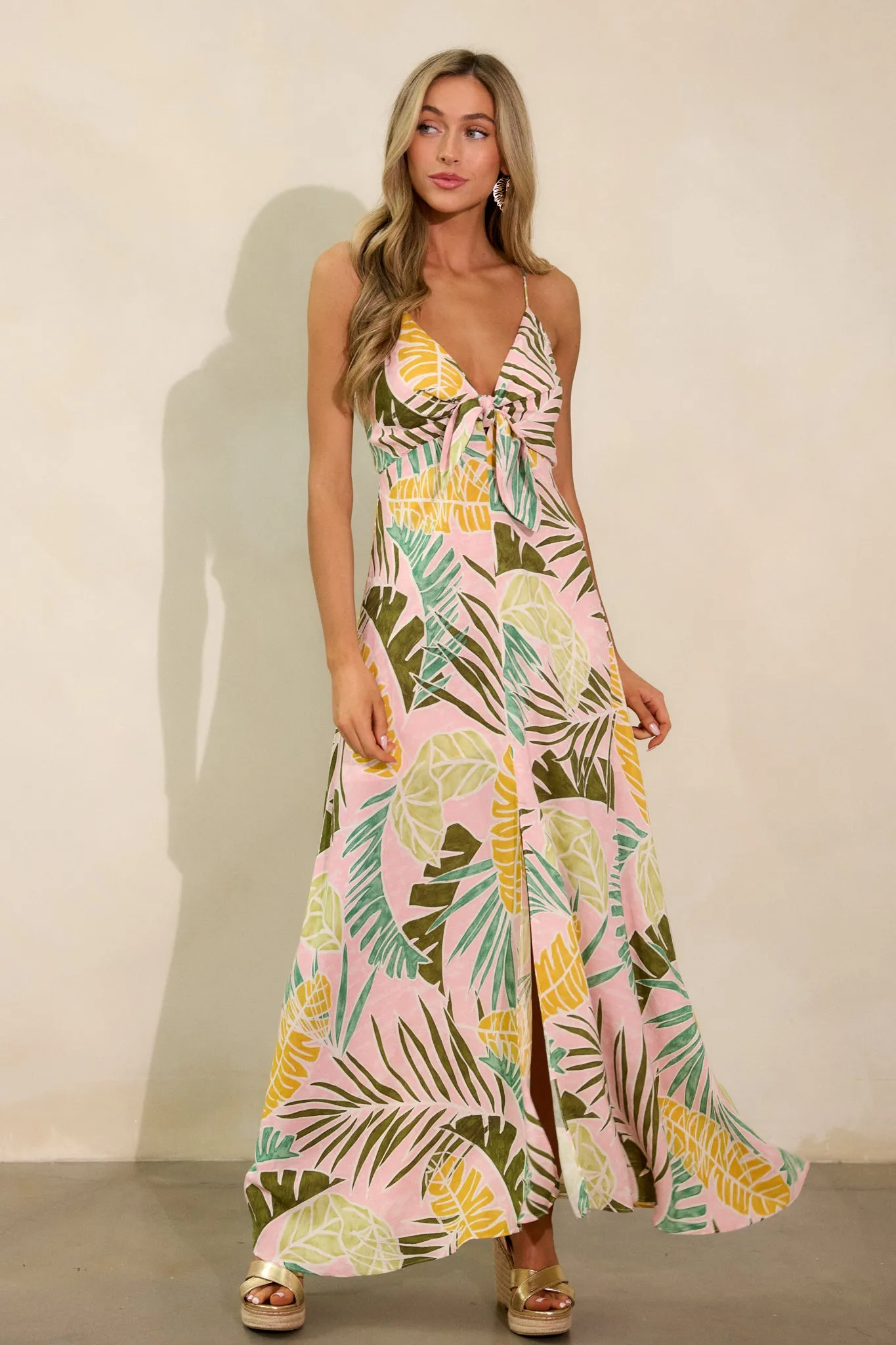 Palm Haven Light Pink Tropical Print Maxi Dress