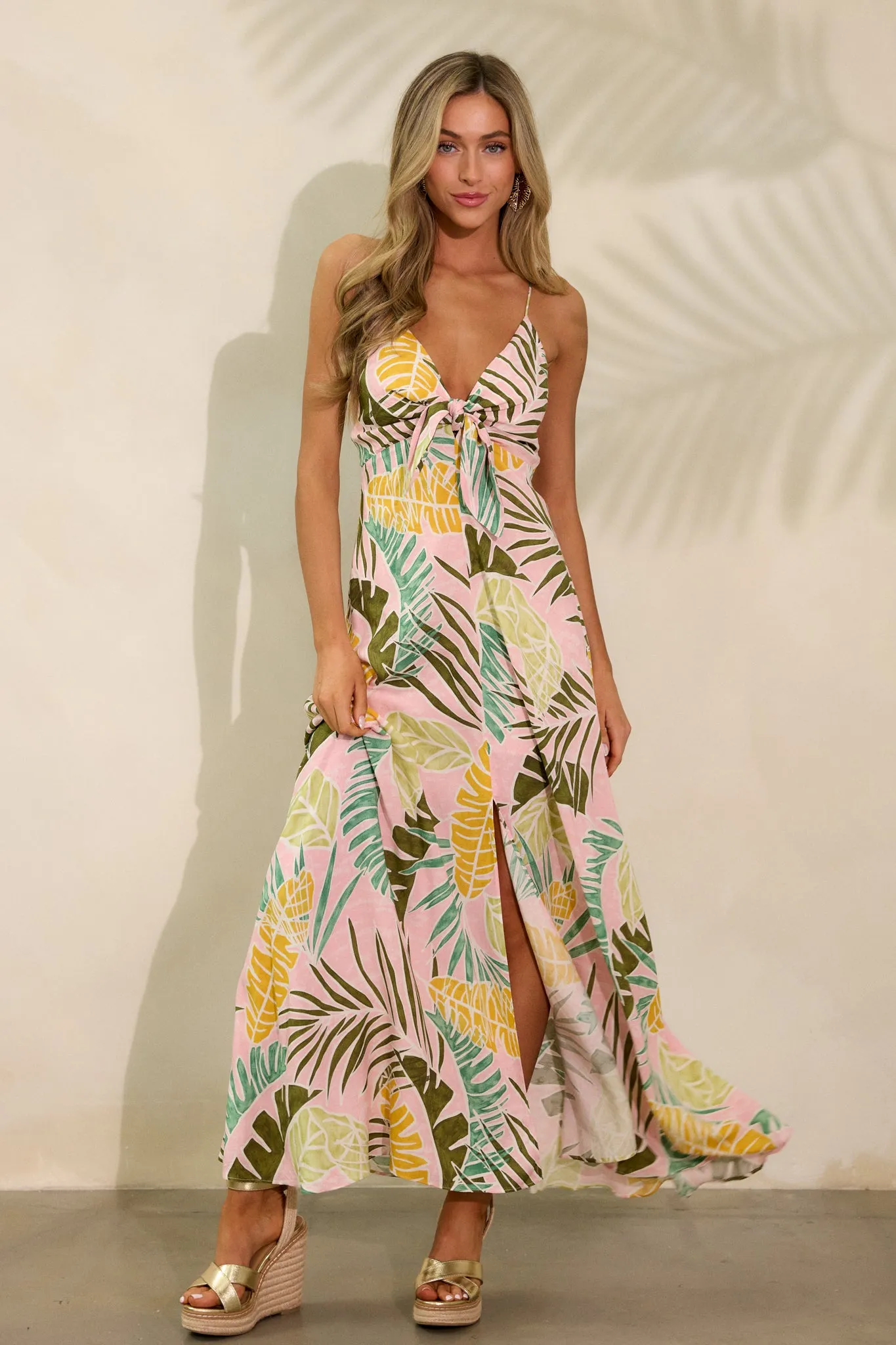 Palm Haven Light Pink Tropical Print Maxi Dress