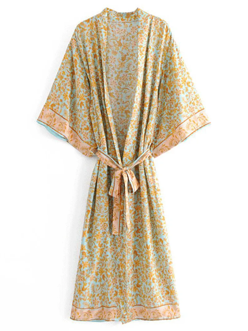 Partywear & Beachwear Floral Print Yellow Color Cotton Long Length Gown Kimono Duster Robe