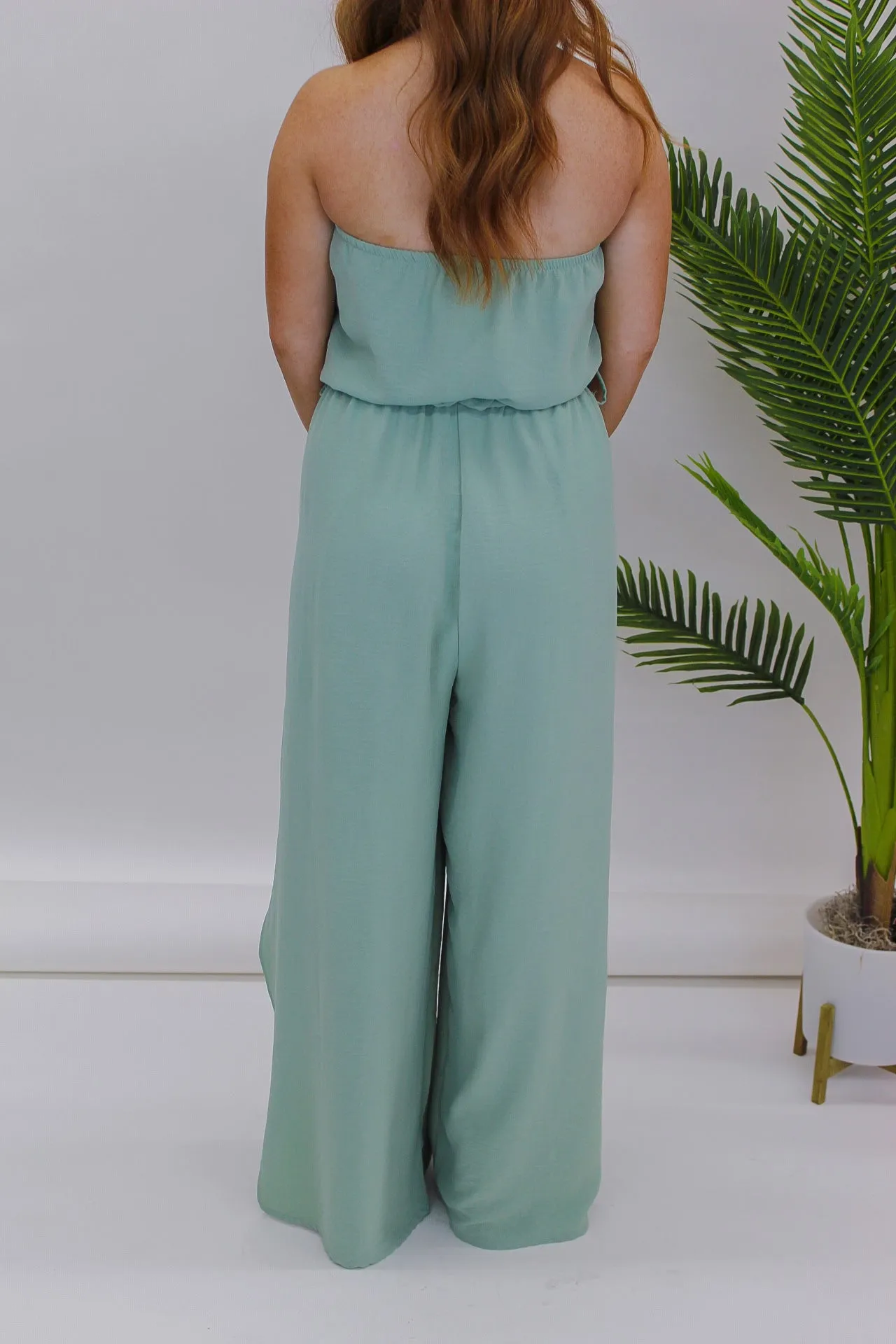 Pick Me Tie Front Strapless Jumpsuit- Sage