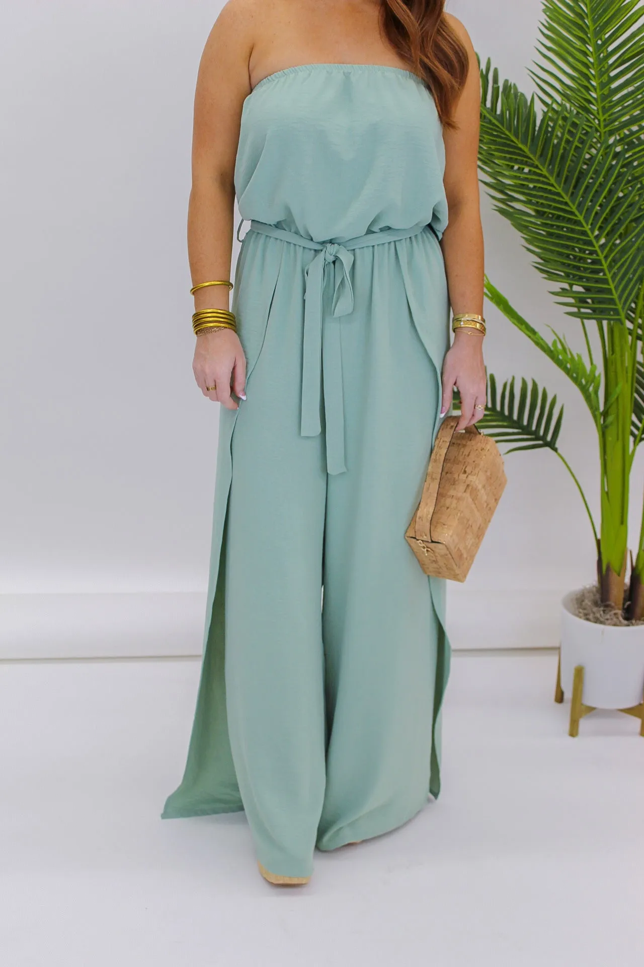 Pick Me Tie Front Strapless Jumpsuit- Sage