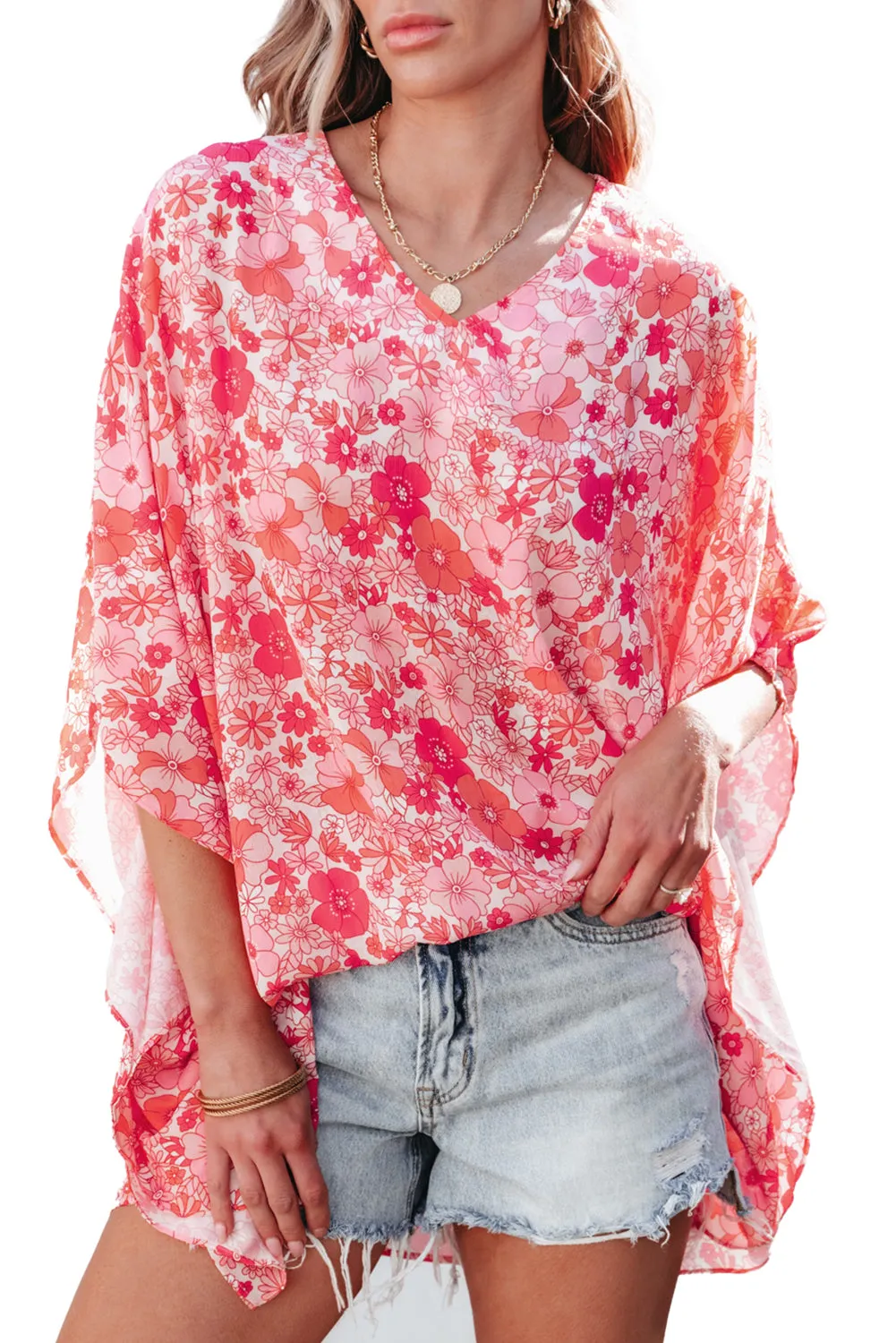 Pink Boho Floral V Neck Kimono Style Blouse