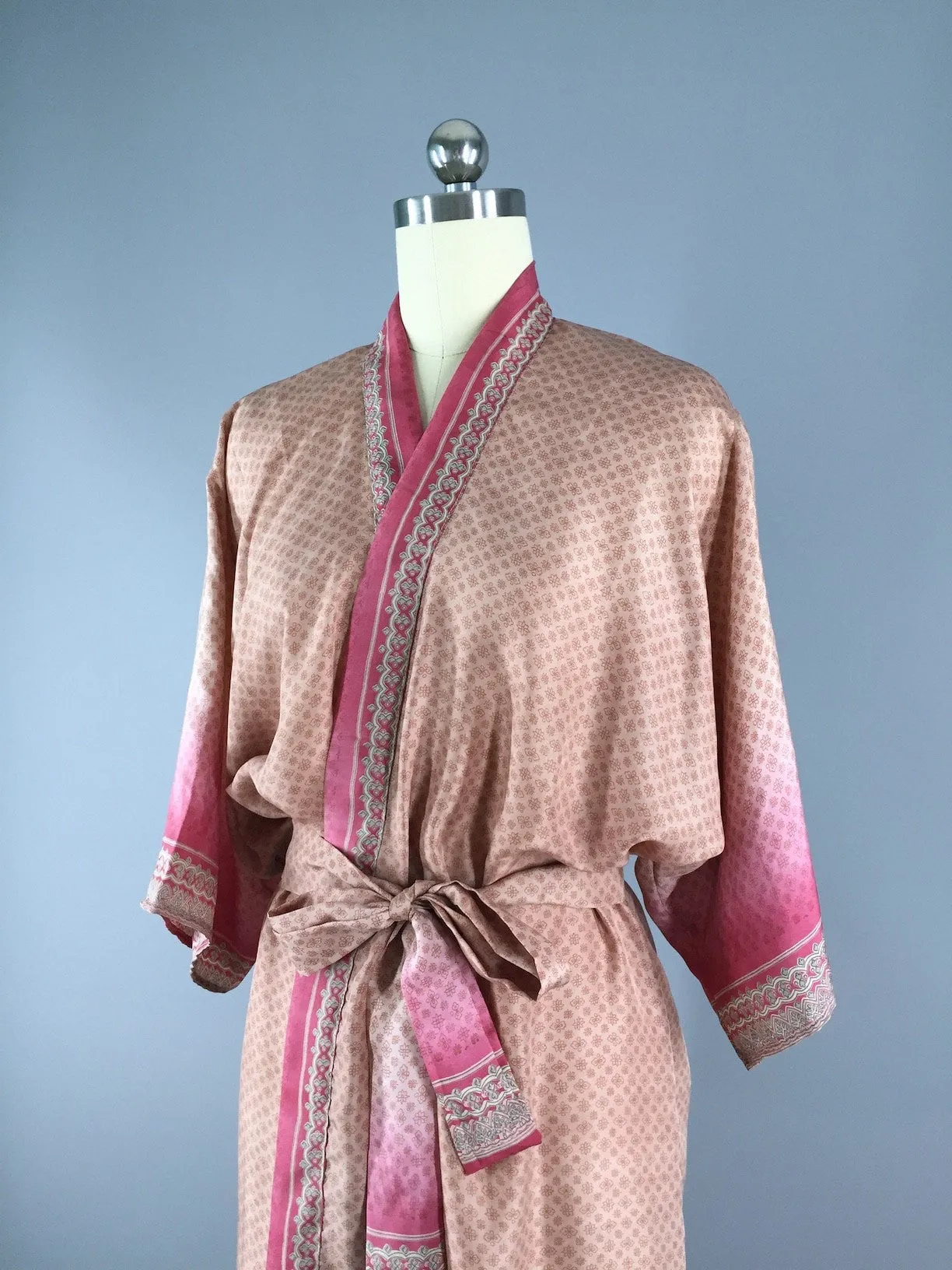 Pink Terracotta Floral Print Robe made from a Vintage Indian Sari