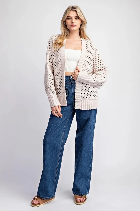 Plus - Long Sleeve Crochet Open Front Cardigan SAND