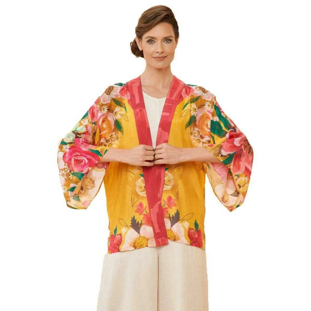 Powder Impressionist Floral Kimono Jacket - Mustard Yellow