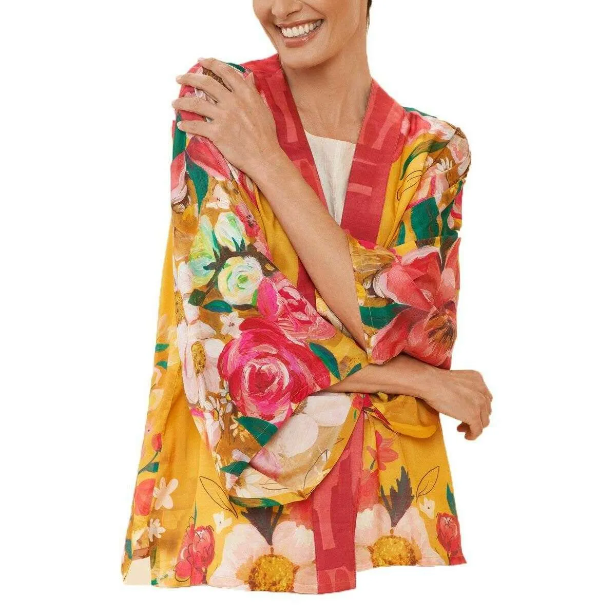 Powder Impressionist Floral Kimono Jacket - Mustard Yellow