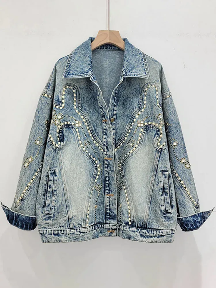 Pre Order:  Embroidered Flares Washed Retro Blue Loose Denim Jacket