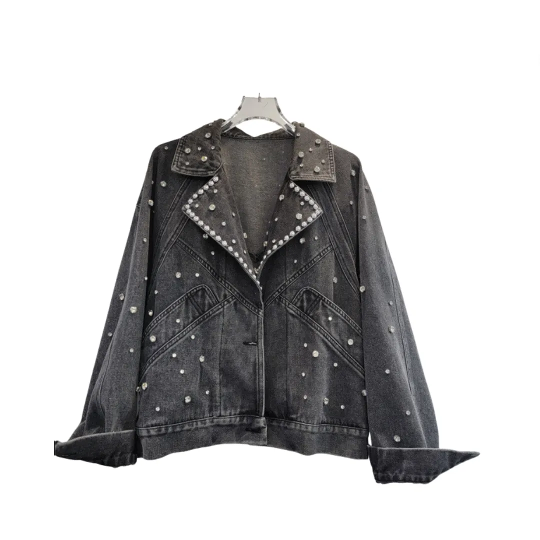 Pre Order: Nail Bead Studded Diamond Retro Motorcycle Denim Jacket