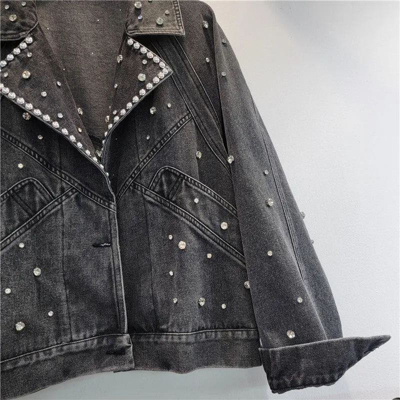 Pre Order: Nail Bead Studded Diamond Retro Motorcycle Denim Jacket