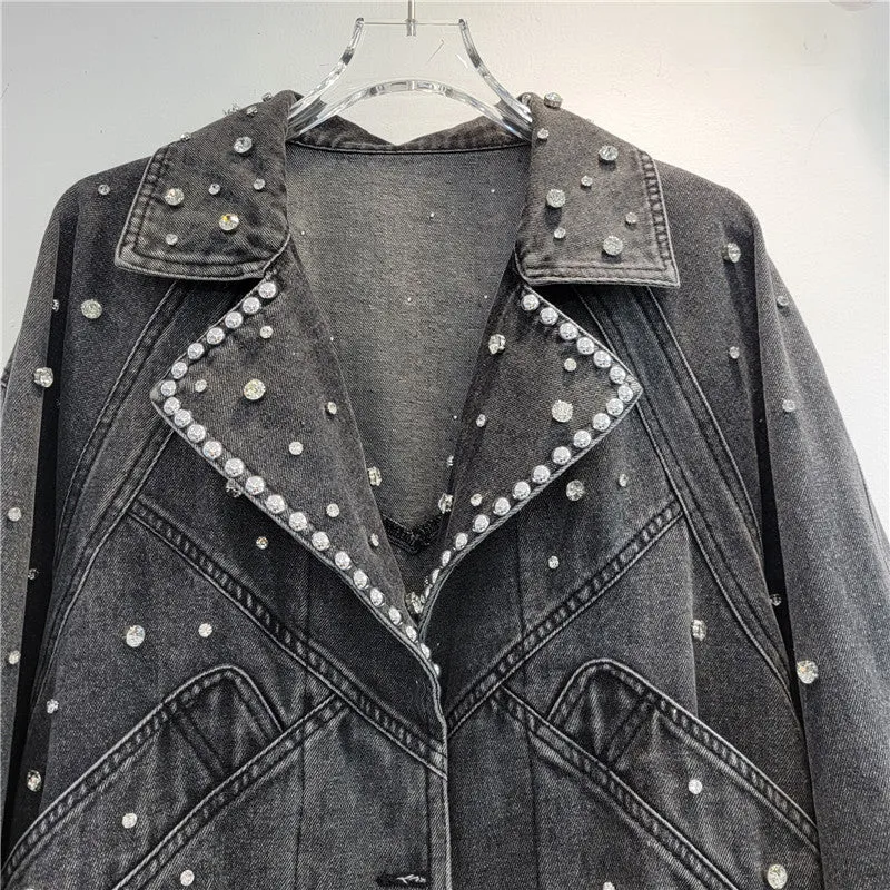 Pre Order: Nail Bead Studded Diamond Retro Motorcycle Denim Jacket