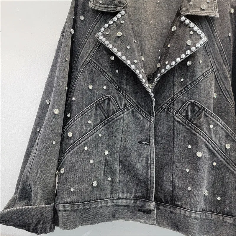 Pre Order: Nail Bead Studded Diamond Retro Motorcycle Denim Jacket