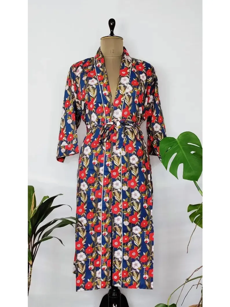 Pure Cotton Handprinted House Robes Summer Kimono Cool Blue Red White Floral Beach Coverup/Comfy Maternity Mom Gift Her/Girlfriend/Sister