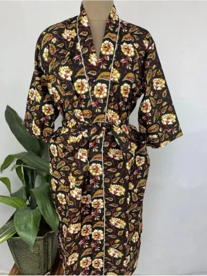 Pure Cotton Kimono Indian Handprinted Boho House Robe Summer Dress, Black Saffron Floral Botanical Garden Beach Coverup Maternity Mom Bridal