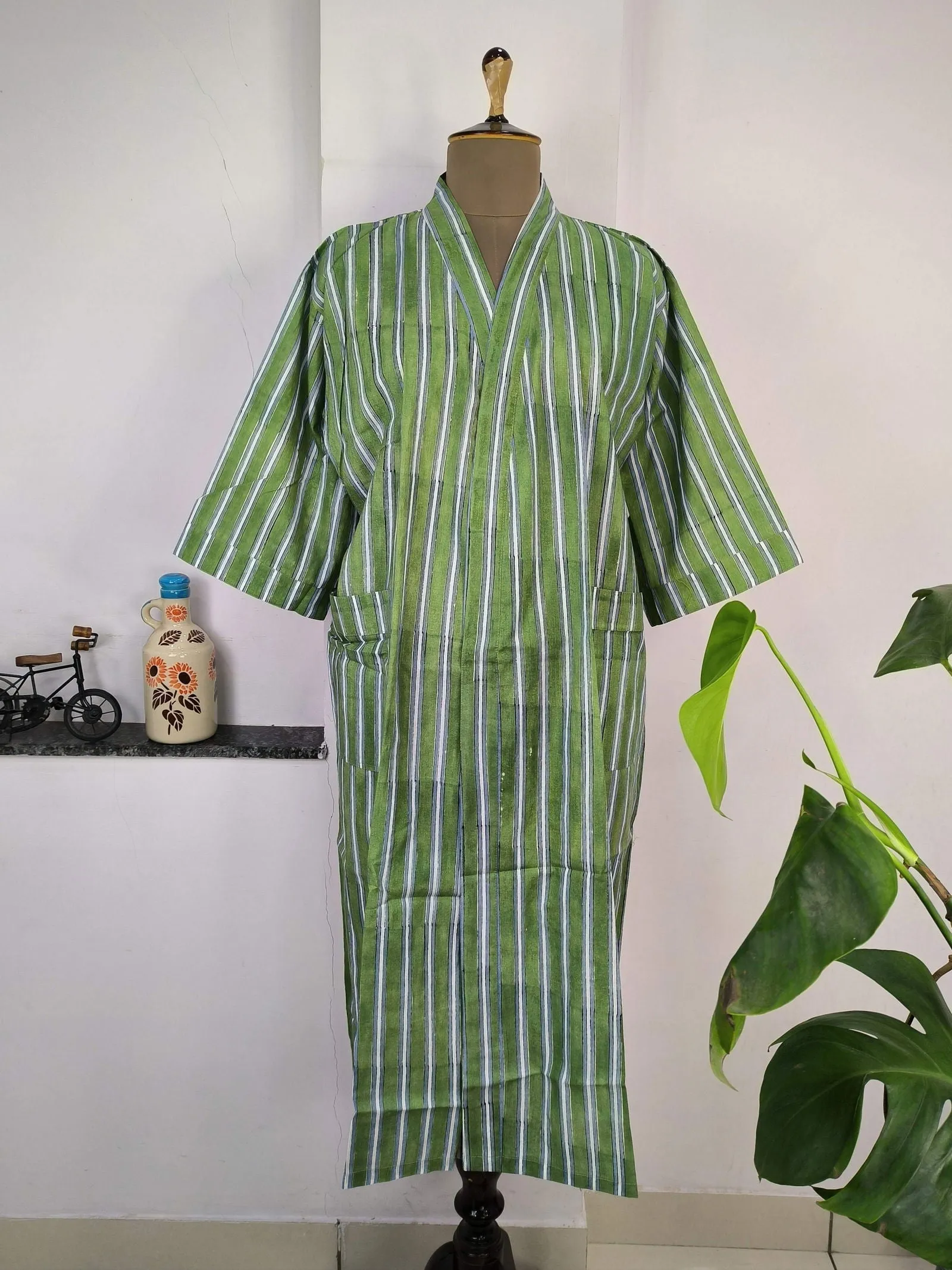 Pure Cotton Kimono Indian Handprinted Boho House Robe Summer Dress | Green White Stripe Print | Beach Cover Up Wear | Christmas Present