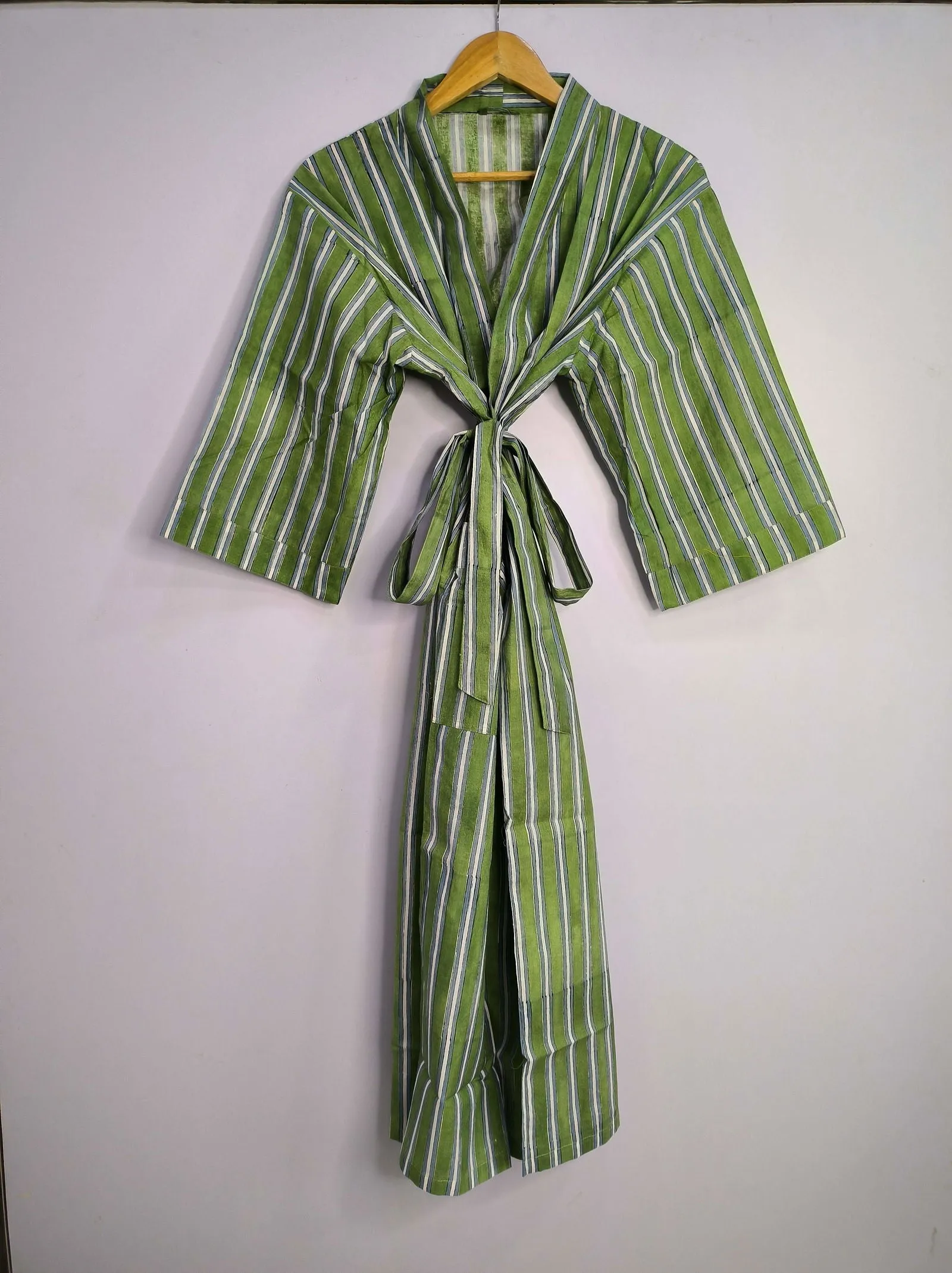 Pure Cotton Kimono Indian Handprinted Boho House Robe Summer Dress | Green White Stripe Print | Beach Cover Up Wear | Christmas Present