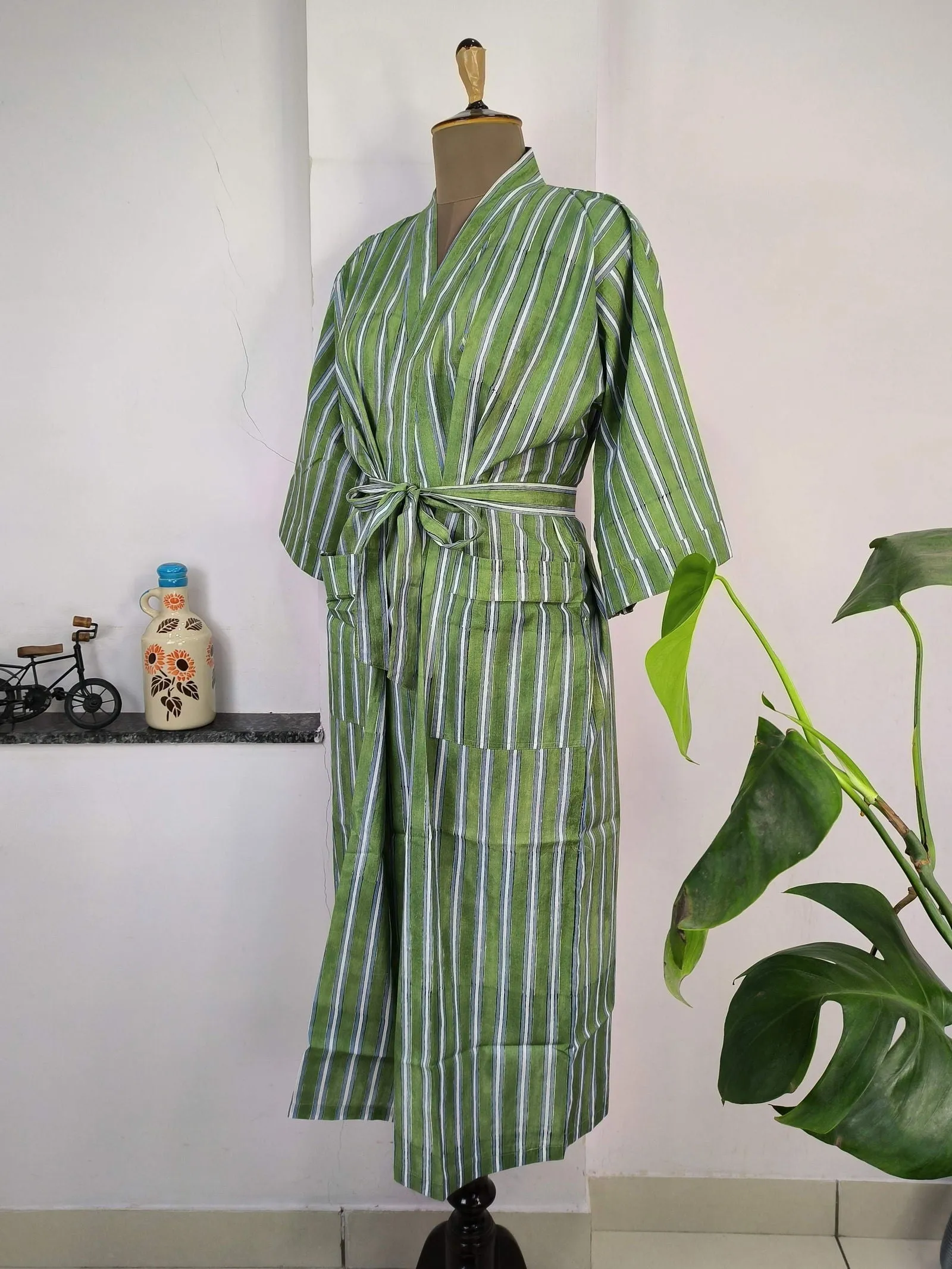 Pure Cotton Kimono Indian Handprinted Boho House Robe Summer Dress | Green White Stripe Print | Beach Cover Up Wear | Christmas Present