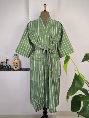 Pure Cotton Kimono Indian Handprinted Boho House Robe Summer Dress | Green White Stripe Print | Beach Cover Up Wear | Christmas Present