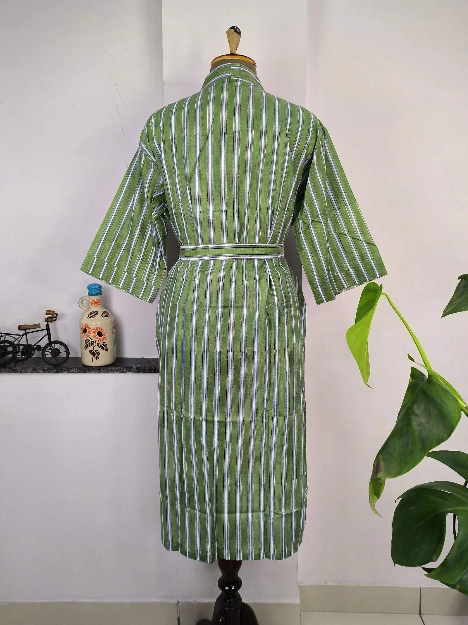 Pure Cotton Kimono Indian Handprinted Boho House Robe Summer Dress | Green White Stripe Print | Beach Cover Up Wear | Christmas Present