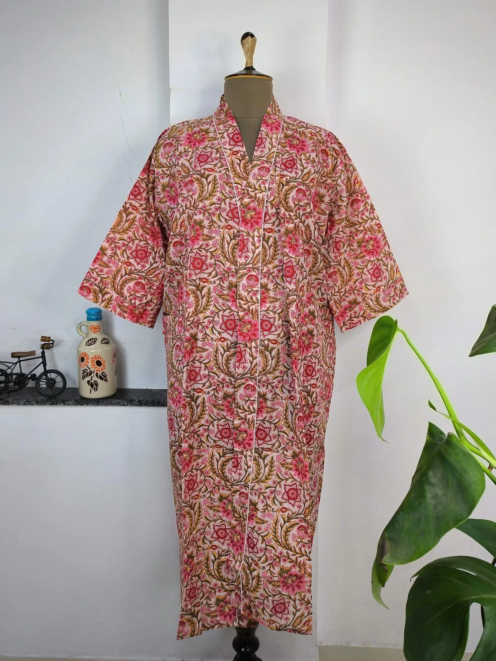 Pure Cotton Kimono Indian Handprinted Boho House Robe Summer Dress | Peach Red Floral Print | Beach Cover Up Wear | Christmas Present