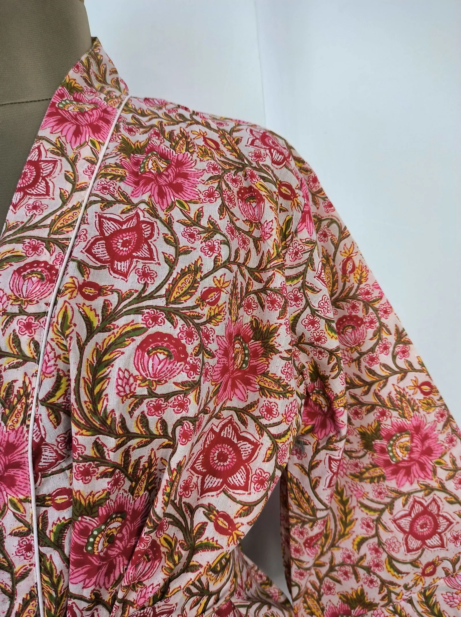 Pure Cotton Kimono Indian Handprinted Boho House Robe Summer Dress | Peach Red Floral Print | Beach Cover Up Wear | Christmas Present