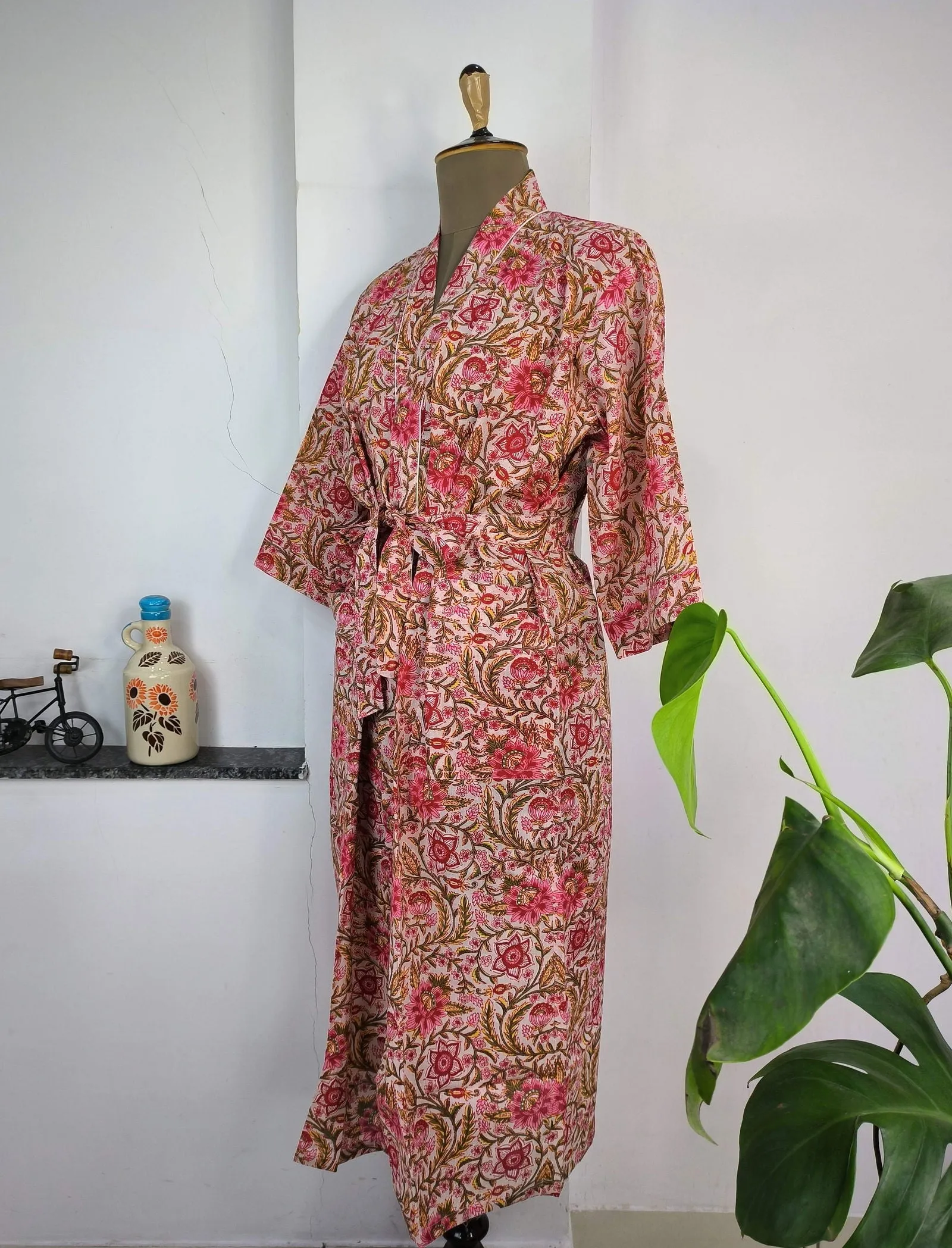 Pure Cotton Kimono Indian Handprinted Boho House Robe Summer Dress | Peach Red Floral Print | Beach Cover Up Wear | Christmas Present