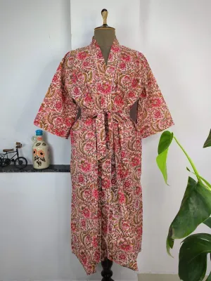 Pure Cotton Kimono Indian Handprinted Boho House Robe Summer Dress | Peach Red Floral Print | Beach Cover Up Wear | Christmas Present