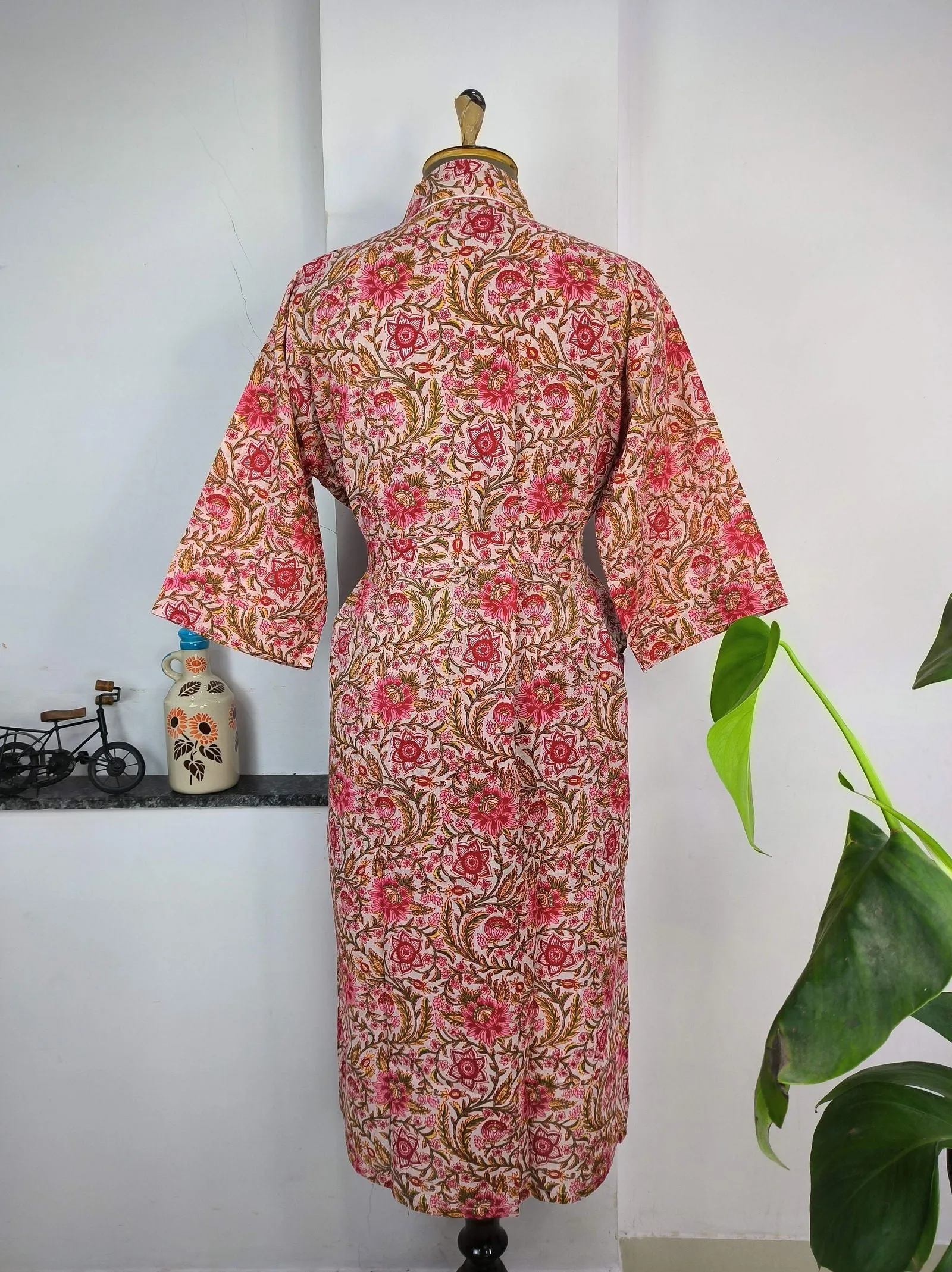 Pure Cotton Kimono Indian Handprinted Boho House Robe Summer Dress | Peach Red Floral Print | Beach Cover Up Wear | Christmas Present