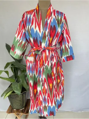 Pure Cotton Kimono Indian Handprinted Boho House Robe Summer Dress | Red Blue Green Irate Hearts Beach Coverup/Comfy Maternity Mom Bridal