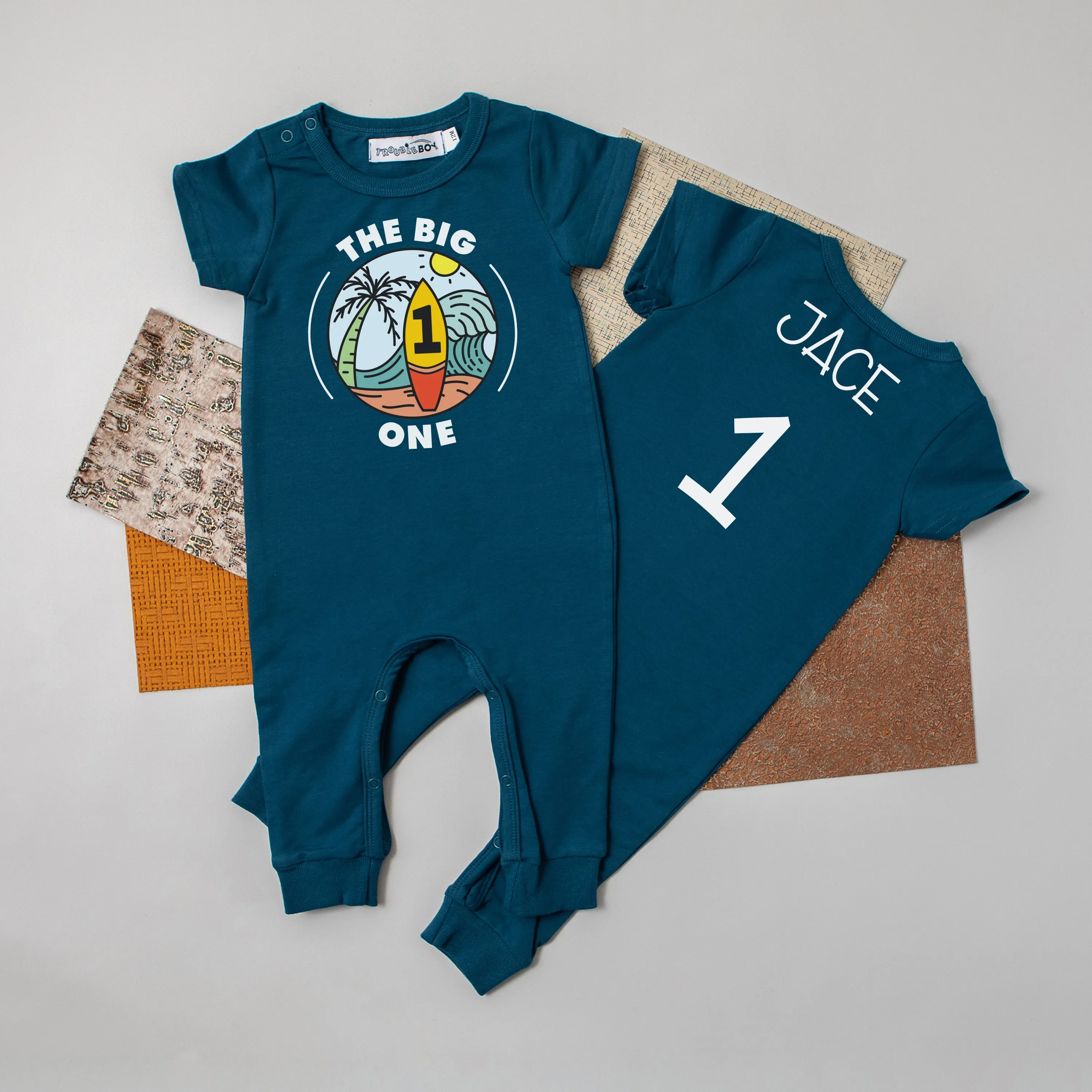 "The Big One" Surf-themed Personalized Slim Fit 1st Birthday Romper