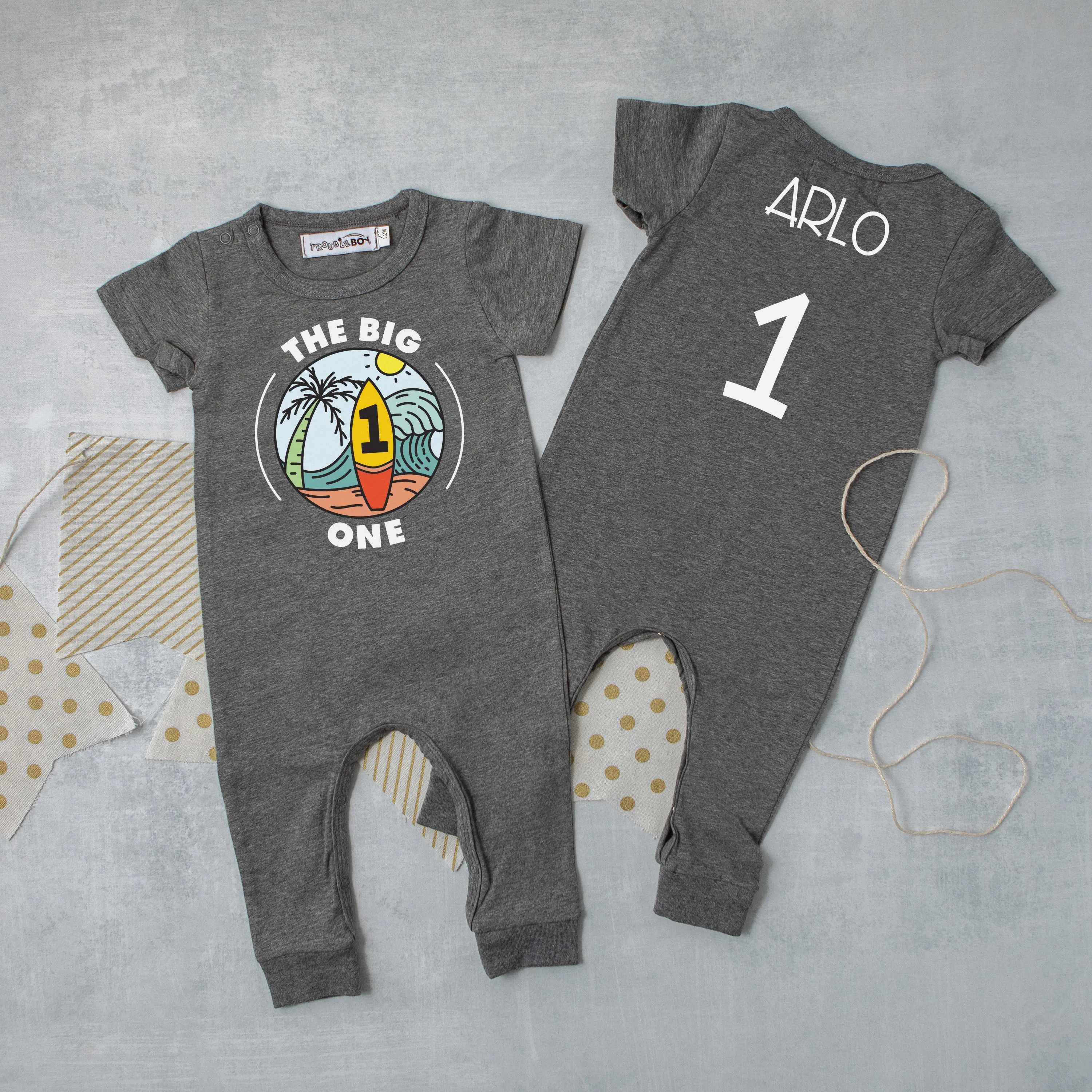 "The Big One" Surf-themed Personalized Slim Fit 1st Birthday Romper