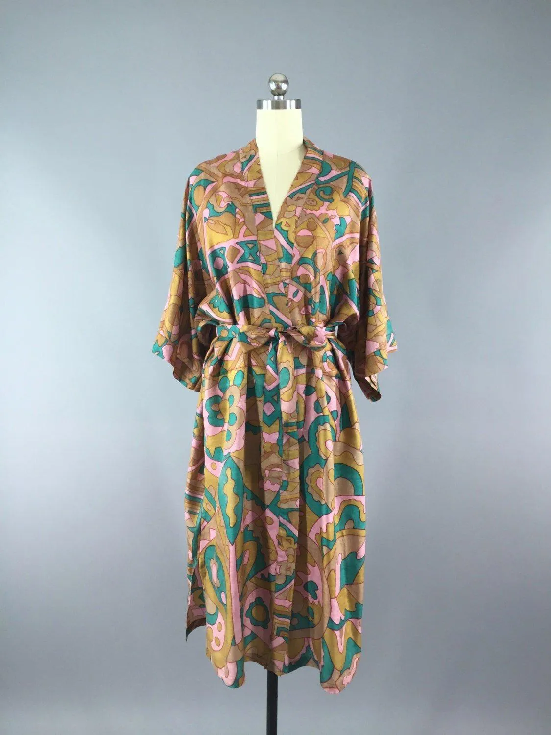 Raw Silk Sari Robe / Abstract Print