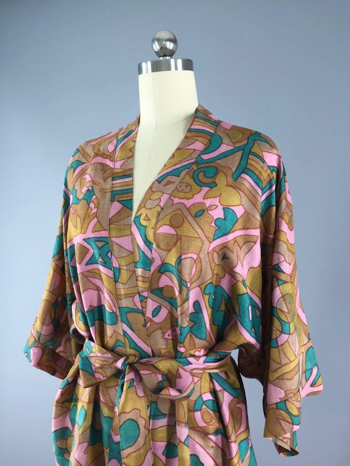 Raw Silk Sari Robe / Abstract Print