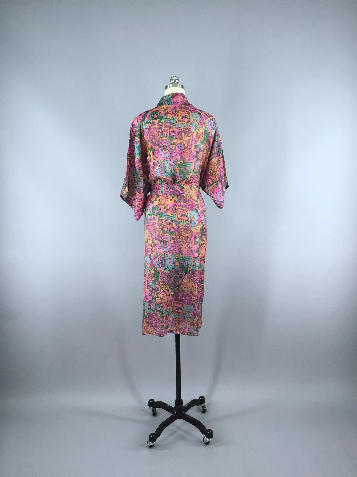 Raw Silk Sari Robe / Pink Abstract Print