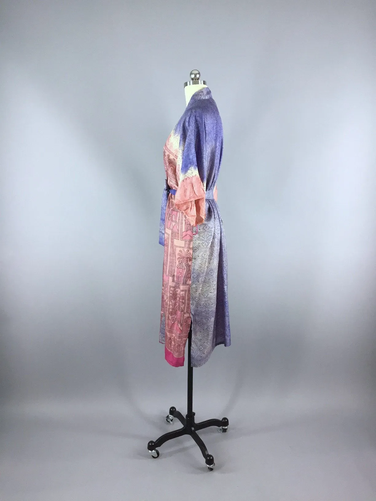 Raw Silk Sari Robe / Pink Palm Trees