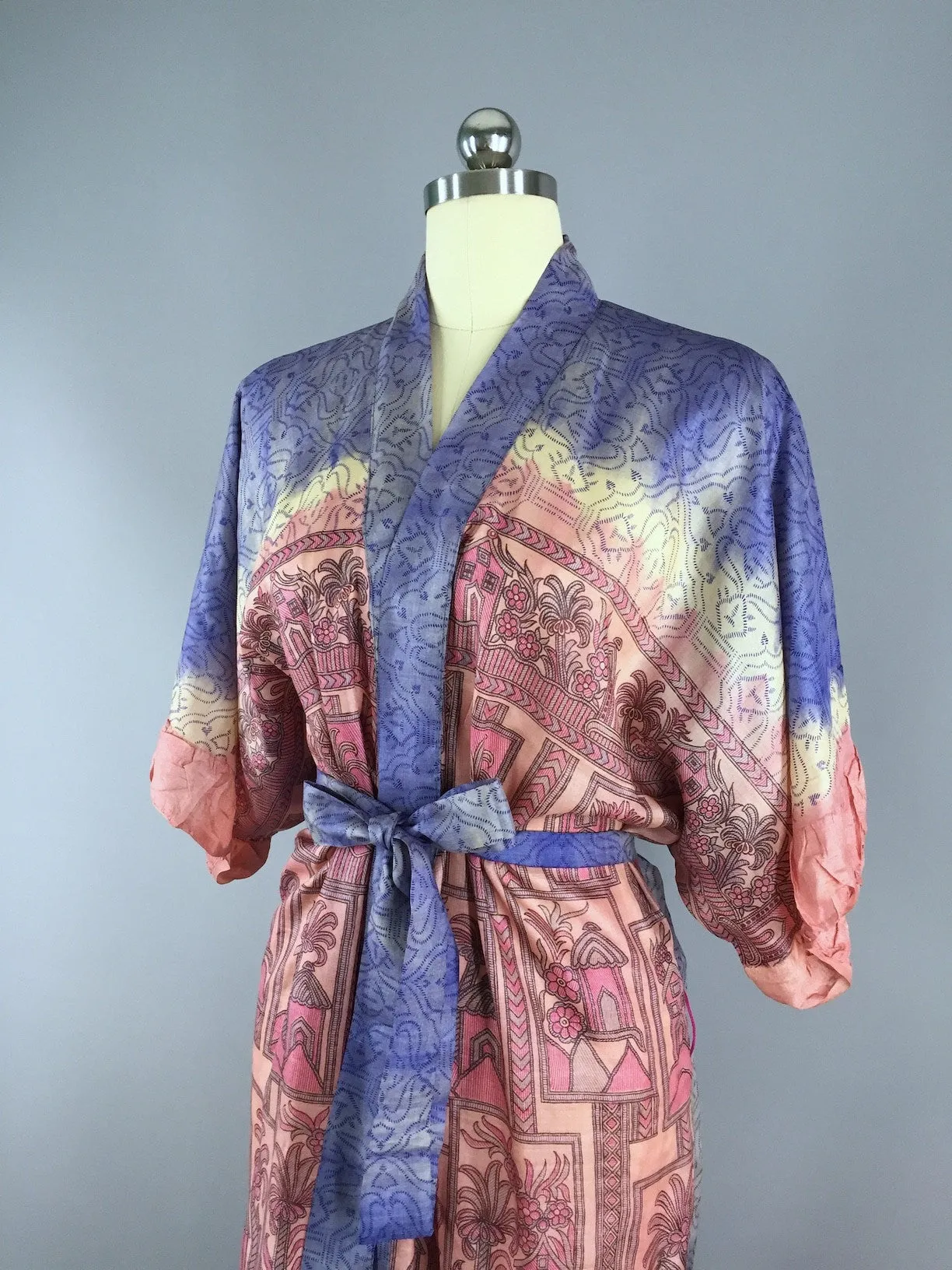 Raw Silk Sari Robe / Pink Palm Trees