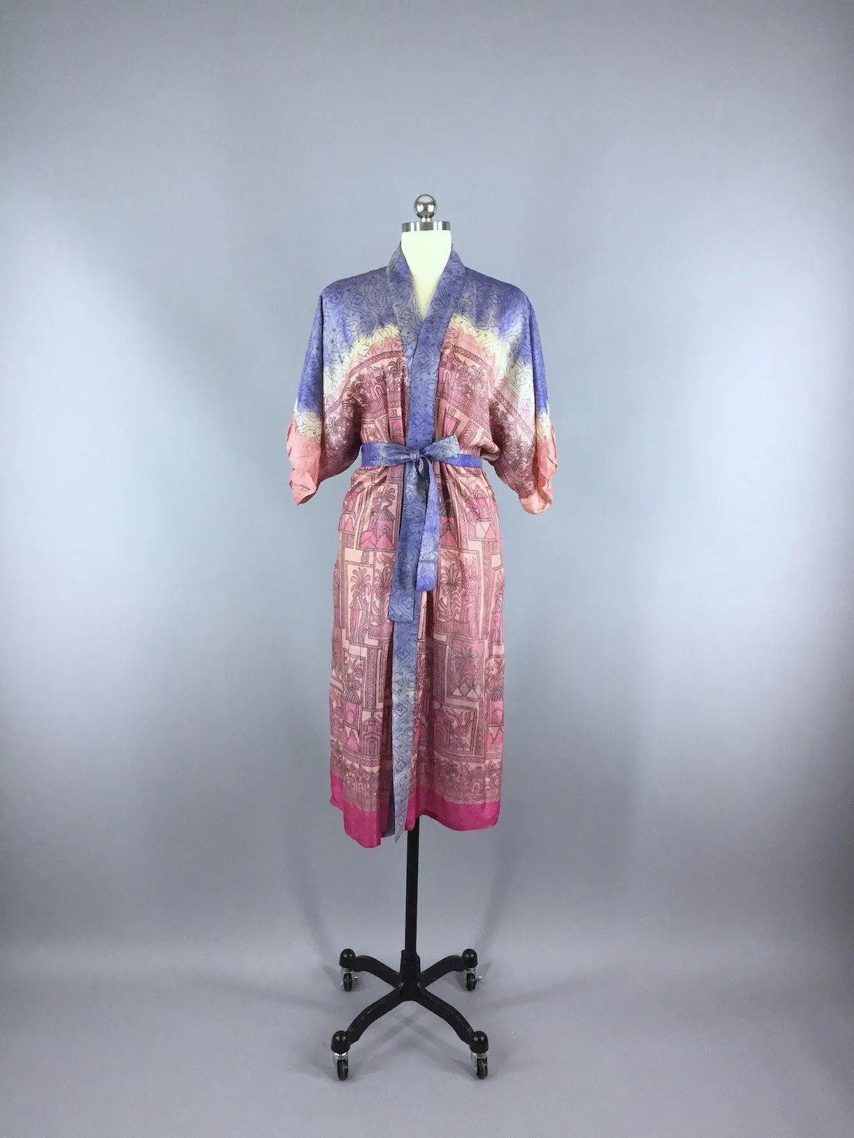 Raw Silk Sari Robe / Pink Palm Trees