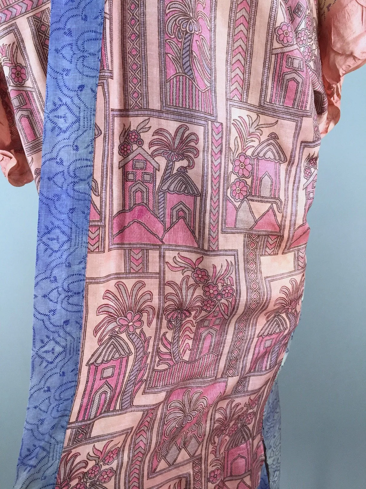 Raw Silk Sari Robe / Pink Palm Trees