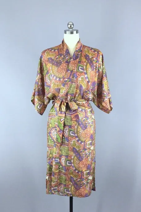 Raw Silk Sari Robe / Tan & Purple Abstract Print