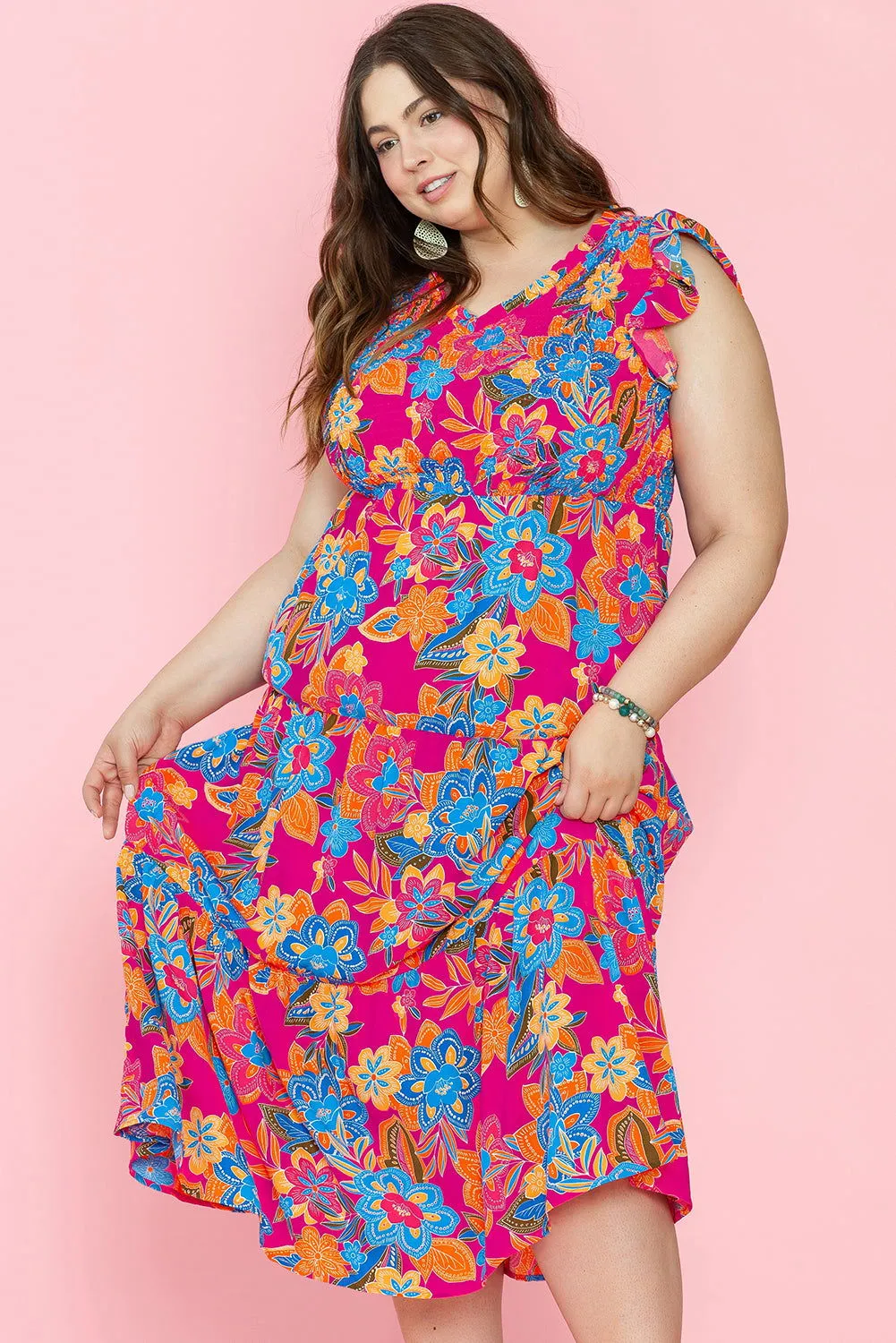 Red Boho Floral Print Ruffled Sleeveless Plus Size Maxi Dress