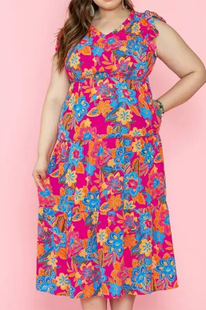 Red Boho Floral Print Ruffled Sleeveless Plus Size Maxi Dress