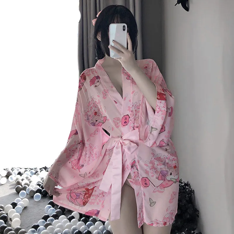 Sexy Pink Kimono Lingerie Set - Women's Japanese-Inspired Sleepwear