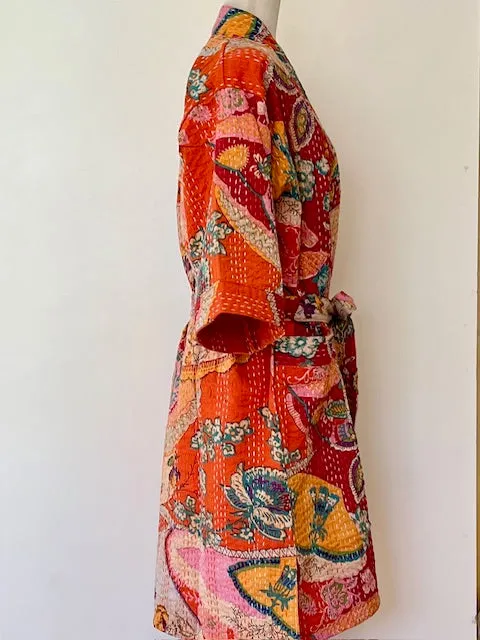 Short Patchwork Cotton Kimono With Kantha Embroidery Celebrates Life (Orange)