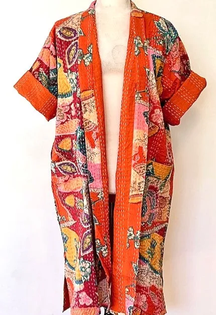 Short Patchwork Cotton Kimono With Kantha Embroidery Celebrates Life (Orange)