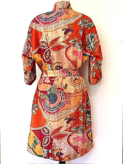 Short Patchwork Cotton Kimono With Kantha Embroidery Celebrates Life (Orange)