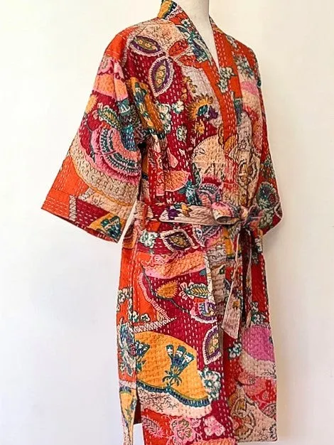 Short Patchwork Cotton Kimono With Kantha Embroidery Celebrates Life (Orange)