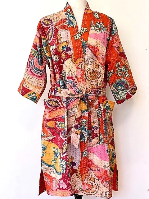 Short Patchwork Cotton Kimono With Kantha Embroidery Celebrates Life (Orange)