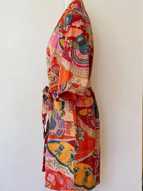 Short Patchwork Cotton Kimono With Kantha Embroidery Celebrates Life (Orange)