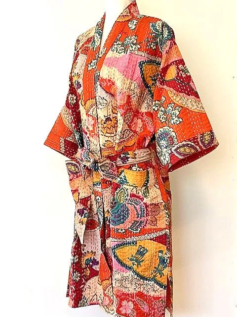 Short Patchwork Cotton Kimono With Kantha Embroidery Celebrates Life (Orange)