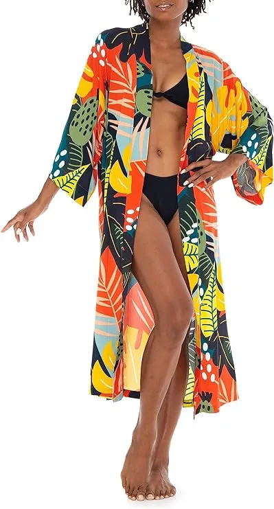 SHU-SHI Womens Kimono Cardigan Floral Tropical Swimwear  Beach Robe