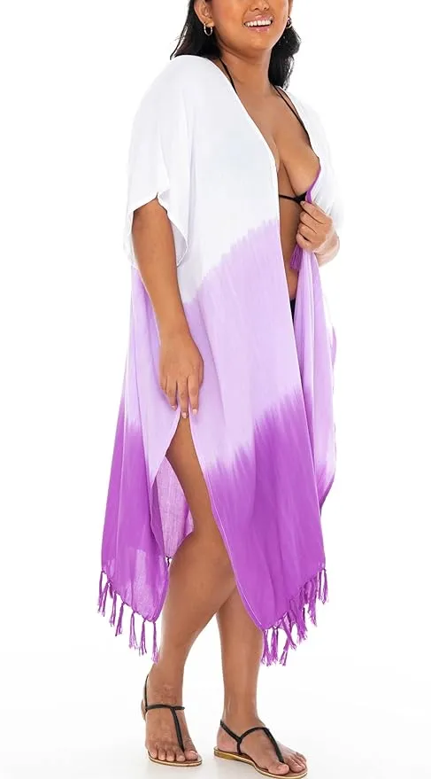 SHU-SHI Womens Plus Size Kimono Cardigan Fringe Ombre Swimwear Extra Wide Flowy Robe Beach  Open Front Fits L-XXL